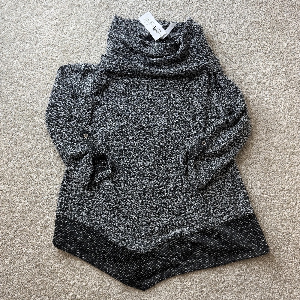 NY Collection Sweater Womens Medium Gray Cowl Neck Tunic Roll Tab Knit Pullover